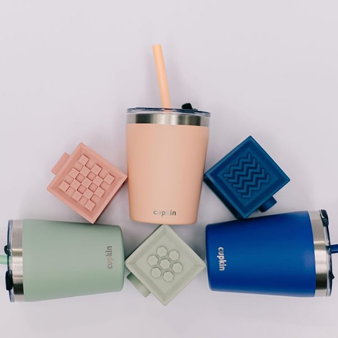 CUPKIN Toddler Tumblers, The Original 12 oz Stackable Stainless Steel Cups, Set of 2 Powder Coated Insulated Kids Water Bottle Alternative + BPA Free Lids + Reusable Silicone Straws (Cobalt + Mint)
