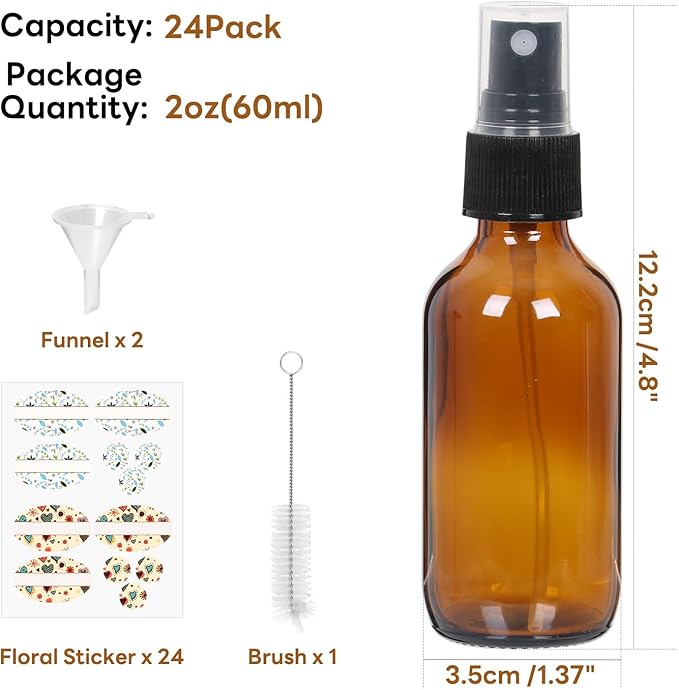STARSIDE 24 Pack 2oz Amber Glass Spray Bottles with Fine Mist Sprayer,60 ml Glass Travel Bottles for Cosmetic Essential Oils Cleaning Solutions Perfumes & Liquids