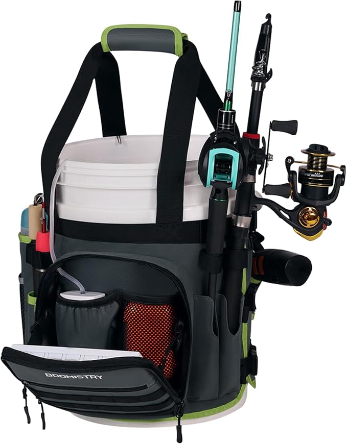 Boomistry Fishing Bucket Organizer for 5 Gallon Bucket Accessories, Fishing Tackle Bag with Adjustable Buckle, Fishing Rod Bag with 15 Multi-Pockets for Fishing Gear and Equipment (Dark Gray)