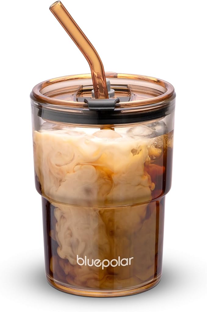 BLUEPOLAR 13oz/400ml Glass Water Tumbler with Straw and Lid Sealed Carry On Thick Wall Iced Coffee Cup Glass Cup for Water, Iced Tea Fruit Juice Etc (Amber)