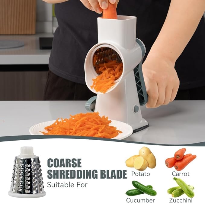 KEOUKE Rotary Cheese Grater Pro 6 in 1 - Shredder Crinkle Slicer Grinder Ice Shaver, Stable Suction, Time-saving Easy Use & Clean, Safe Morden Kitchen Tool for Cheese, Vegetable, Nuts, Chocolate