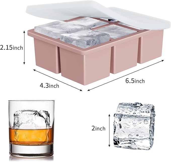 Large Ice Cube Tray for Whiskey: FDDBI Silicone Ice Cube Trays with Lid - 2Pack Big Square Old Fashioned Ice Cube Maker for Cocktail - 2inch Huge Cubed Ice Trays for Whisky