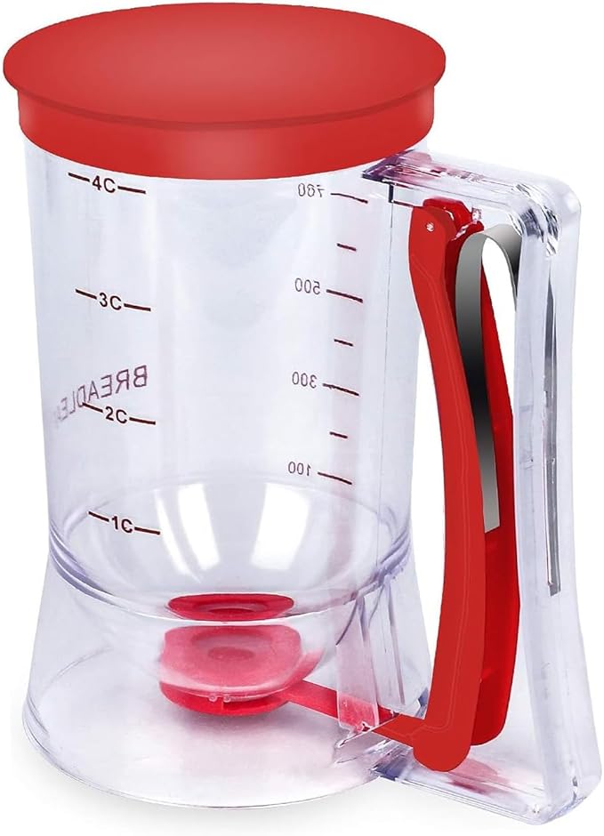 900ML Batter Dispenser，Pancake and Cupcake Separator with Measuring Label and Capacity, Squeeze Handle, BPA-Free, Leak-Proof