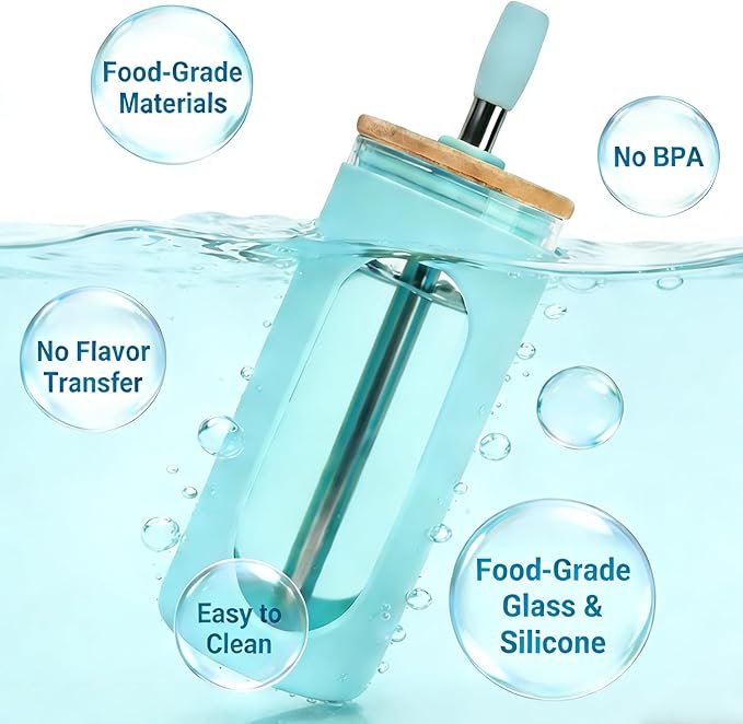 Sursip 20 oz Glass Tumbler with Lids and Straws, Reusable Borosilicate Glass Iced Coffee Cup with Bamboo Lid for Smoothie Boba Juice,Travel BPA-Free - Khaki