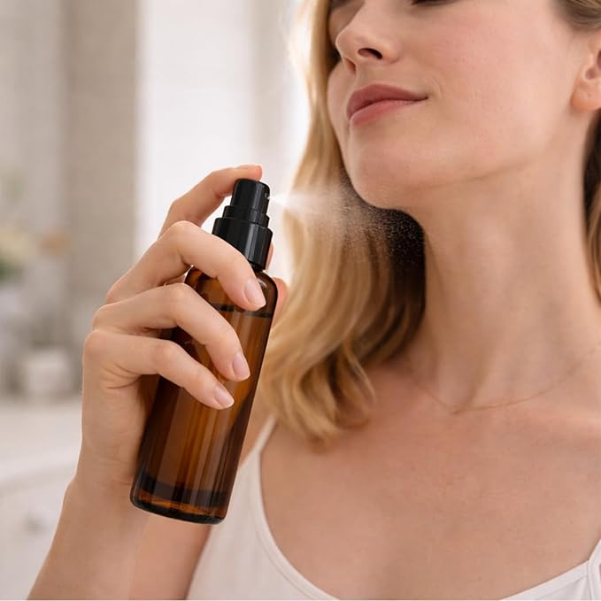4Packs 60ml/2Oz Amber Glass Spray Bottle Refillable Fine Mist Sprayer with Wood Grain Cap Reusable Empty Container for Perfume, Essential Oils, Room Spray