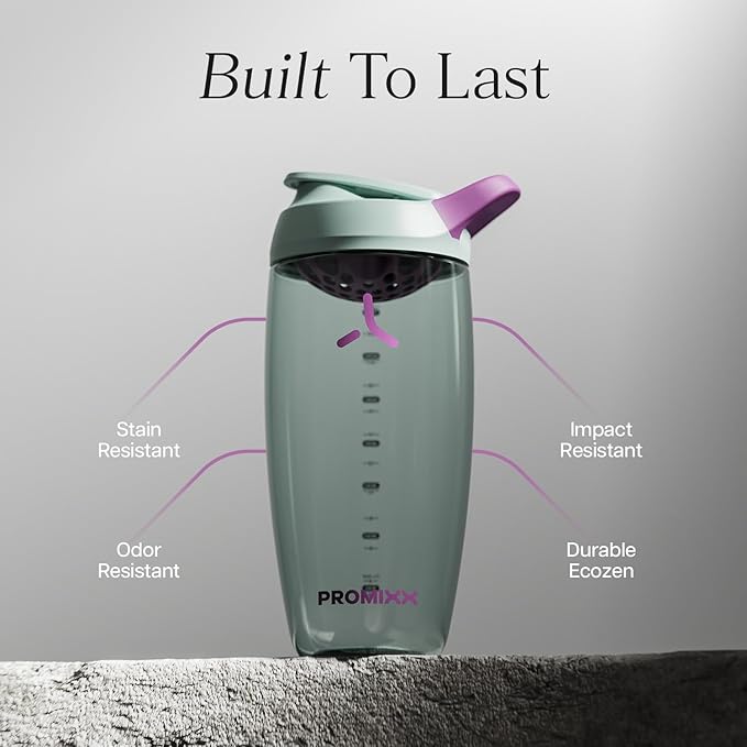 Promixx Pursuit Protein Shaker Bottle – 32oz Silent Snap-Fit Mixer for Lump-Free Shakes – Leak-Proof BPA-Free Ecozen Gym Shaker with Measurement Marks for Fitness and Travel – Seagrass Green