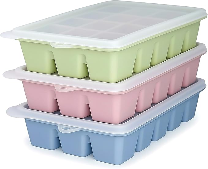 Upgraded Silicone Ice Cube Trays For Freezer with Lid, Spill-Proof Easy Release Silicone Ice Trays with Lids for Freezer, Coffee, Drinks, Cocktail, Baby Food, Juice, BPA Free, 3Pack