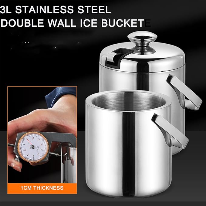 Ice Bucket with Lid for Parties - 3L Ice Bucket Double Wall Ice Bucket for Cocktail Bar Parties KTV,Stianless Steel Ice Bucket with Lid to Keep Ice Frozen Longer to Cool Chilling Wine Champagne