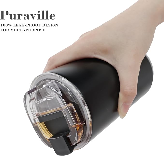 Puraville Insulated Tumblers with Lid, 14 oz Travel Coffee Mug Stainless Steel Vacuum Cup, Leak Proof Reusable Double Walled Coffee Tumbler for Iced and Hot Drinks, Black