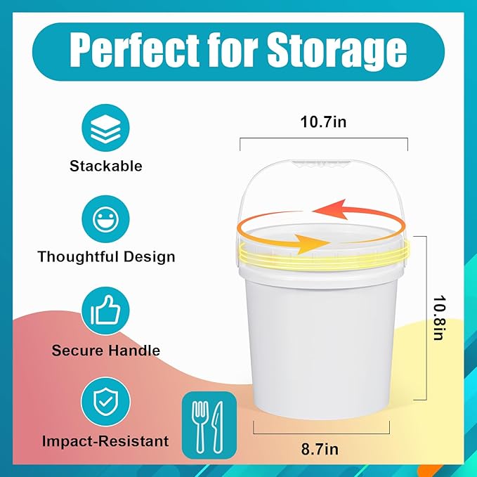 2.6 Gallon Plastic Bucket with Screw Lid 3 Pack - Food Grade Small Storage Bucket for Water, Food, Paint, Cleaning Supplies (BPA-Free, Stackable)