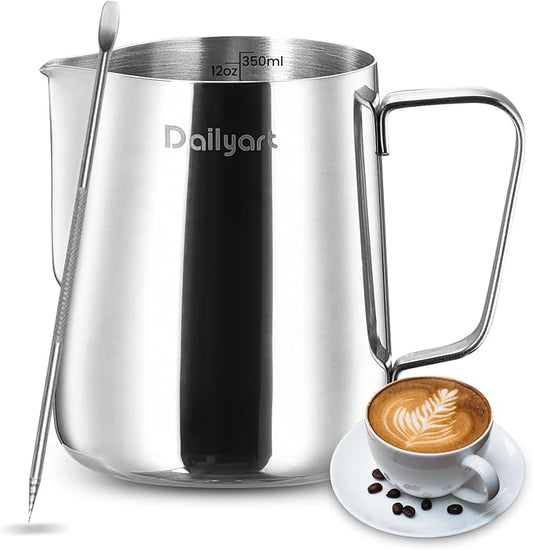 Milk Frothing Pitcher, Dailyart 12oz/350ml Milk Frother Cup 304 Stainless Steel Milk Steamer Cup with Scale, Espresso Machine Accessories, Milk Pitcher with Art Pen for Cappuccino Coffee Latte Art