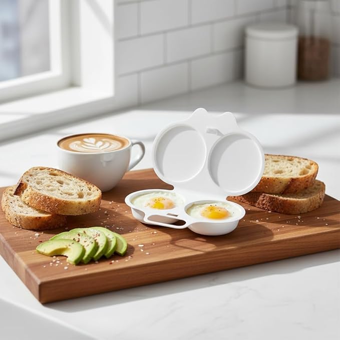 2Pcs 2-Cavity Nonstick Microwave Egg Poacher with Lid -White Plastic Egg Cooker for Perfect Poached Eggs