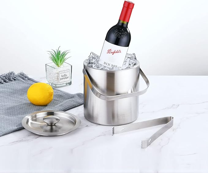 LUCKYGOOBO Mini Ice Bucket Portable Double Wall Ice Bucket with Tong,Stainless Steel Hotel Bucket/Champagne/Beverage Bucket,Size 1.3 Liters 5.5 x 5.5 in,Serveware for Party,Event,and Camping.