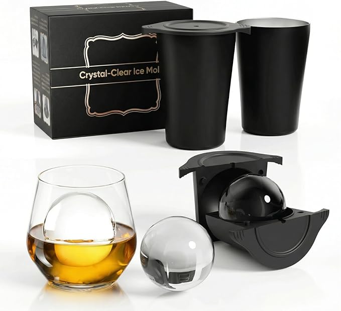 2.5" Clear Ice Ball Maker - Stainless Steel Sphere Ice Mold for Whiskey & Cocktails, Crystal Clear Round Ice Cube Tray with Easy-Release Silicone, Bourbon Gifts for Men, 2 Pack (Black)
