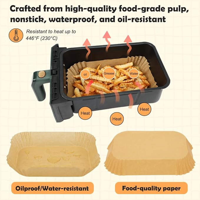BYKITCHEN Air Fryer Disposable Paper Liners for Ninja Dual Airfryer, 100PCS Rectangle Air Fryer Parchment Paper Sheets for Ninja DZ201/DZ401/DZ550/SL401 & More, Ninja Airfryer Double Stack Accessories