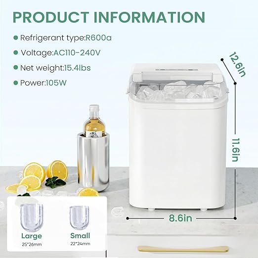 NEWBULIG Ice Makers Countertop with Handle, Portable Ice Machine, 9 Bullet Ice Cubes in 6 Mins, 26lbs in 24Hrs, Auto-Cleaning, with Basket and Scoop, for Home, Kitchen, RV, Camping,Light White