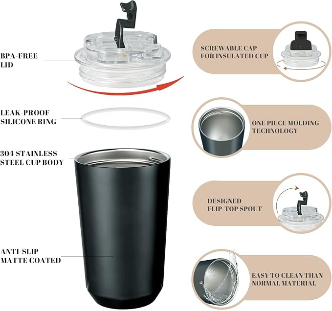 Puraville Insulated Tumblers with Lid, 14 oz Travel Coffee Mug Stainless Steel Vacuum Cup, Leak Proof Reusable Double Walled Coffee Tumbler for Iced and Hot Drinks, Black