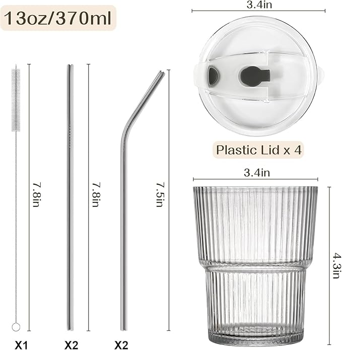 13oz Glass Cups with Lid and Straw,Iced Tumbler Coffee Cup,Reusable Clear Glass Cups for Water,Iced Tea,Juice,To Go Coffee(4pcs)
