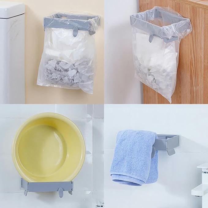 2Pcs Plastic Trash Bag Holder Rack, Folding Hanging Kitchen Trash Can, No Drill Adhesive Mounted Plastic Bag Holder, Space Saving Towel Hanger, Collapsible Garbage Can for Cabinets/Doors/Cupboards
