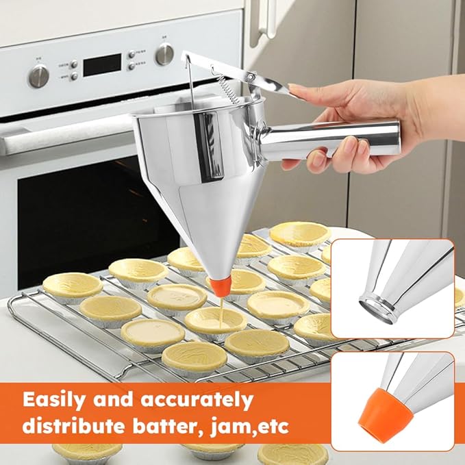 Pancake Batter Dispenser, 4-Caliber Stainless Steel Funnel Cake Dispenser with Stand Baking Tool for Cake Pancakes Cupcakes Muffins Crepes Waffles (20oz,600ml)