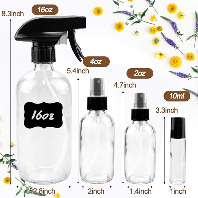 Loretoy Glass Spray Bottle Kit×10 (2×16 oz, 2×4 oz, 6×2 oz), 9×10 ml Roller Bottles, Anti UV, Multi Size and Versatile, Suitable for Aromatherapy, Facial Moisturizing, Watering, etc.(Clear)