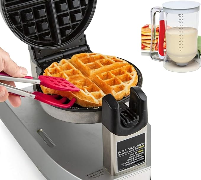 Waffles Batter Dispenser n Waffle Tongs Combo Set,Get Perfectly Fluffy Waffles Every Time! Batter Measuring Separator for Pancakes, Cupcake, Muffin Quick Filling Cookie Batter