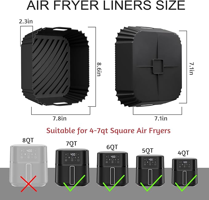 Air Fryer Silicone Liners 2 Pack, Reusable Square Air fryer Basket Liners, 4-6Qt Silicone Baking Tray for Instant Air fryer, Oven Microwave Pot Accessories, Food Grade Kitchen Gadgets