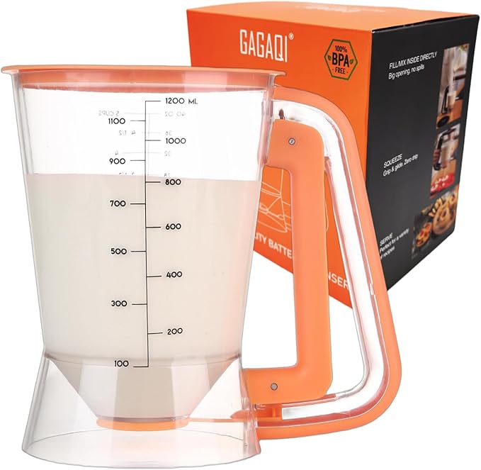 Pancake Batter Dispenser 5 Cup with Sturdy Handle,Batter Separator for Pancakes, Cupcake, Waffle, Muffin Mix, Cake & Crepe Batter pitcher with Squeeze Handle Baking Tools-Orange