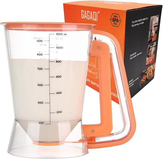 Pancake Batter Dispenser 5 Cup with Sturdy Handle,Batter Separator for Pancakes, Cupcake, Waffle, Muffin Mix, Cake & Crepe Batter pitcher with Squeeze Handle Baking Tools-Orange