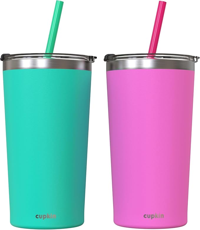 CUPKIN Stainless Steel Insulated Tumbler with Lid and Straw, 20 oz Stainless Steel Cups, Set of 2 Travel Coffee Mug for Adults, Iced Coffee Cup with Lid, Tumbler for Travel (Green + Pink)