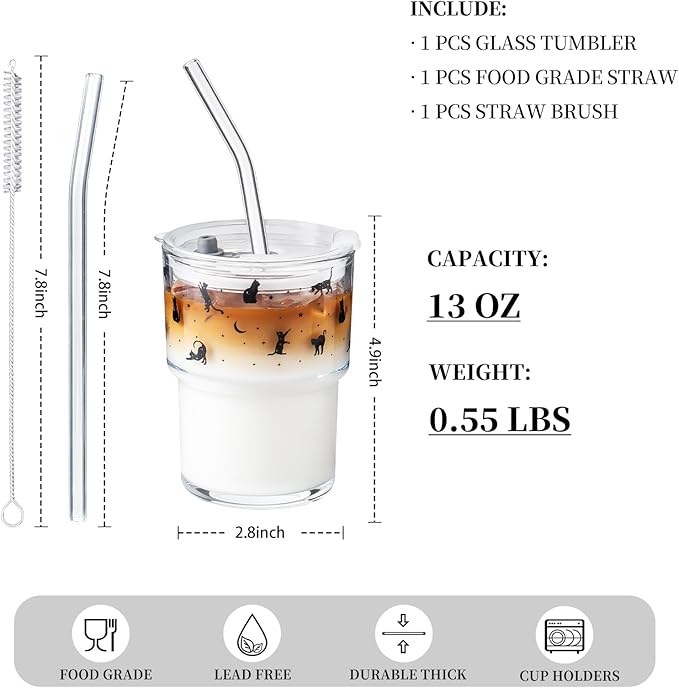Olvini 13oz Glass Tumbler with Straw and Lid, Reusable Iced Coffee Cup Tumbler, Cute Glass Cups for Water, Matcha, Travel Coffee Mugs (Black Cat - 13oz)