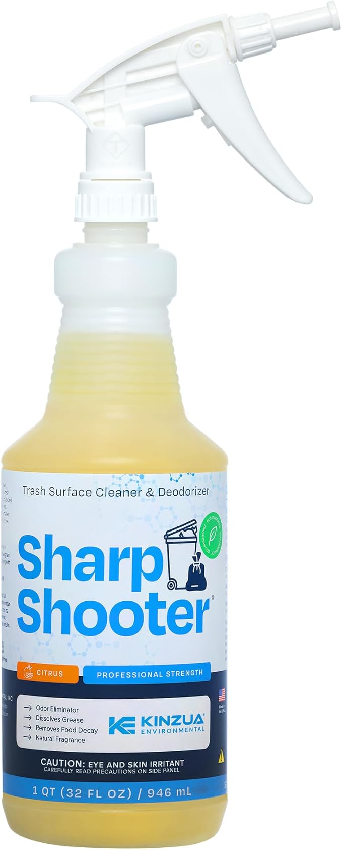 KINZUA ENVIRONMENTAL Sharpshooter, Heavy-Duty Trash Can Odor Eliminator & Degreaser, Garbage Surface Cleaner and Deodorizer Foam, Professional-Grade, Fresh Citrus Scent, 32 oz
