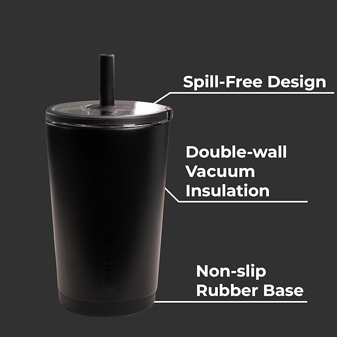 HydroJug Everyday Tumbler 14 oz – Ceramic-Lined Insulated Tumbler with Straw and Soft-Touch Lid, Cup Holder Friendly, Double-Wall Vacuum Insulation, Reusable Travel Cup – Black