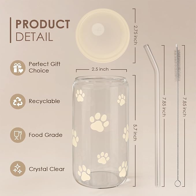 SANDJEST Paw Print 16oz Can Glass Tumbler with Acrylic Lid & Straw - Iced Coffee Cup for Women Cat Dog Mom, Aesthetic Cups Gifts for Birthday Christmas