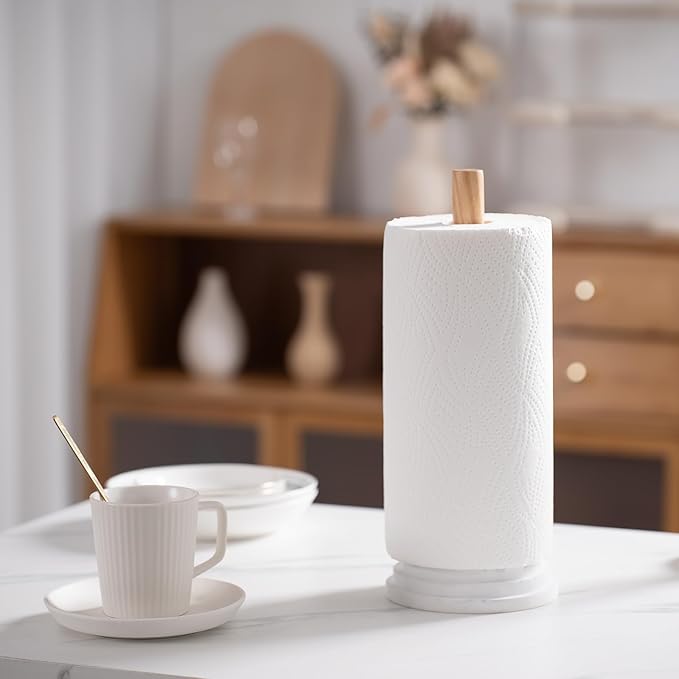 Marble White Standing Paper Towel Holder for Kitchen Countertop,Toliet Paper Roll Holder for Bathroom with Weighted Resin Base and Sturdy Wood Stand,for Standard or Plus Rolls, Height-Adjustable