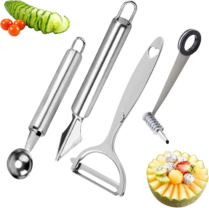 4-Piece Kitchen Spiral And V-Shaped Tools, Vegetable Peeler, Crinkle Cutter Knife, Multifunctional Kitchen Set, Manual Kitchen Tools for Creative Food Decoration（Silvery）