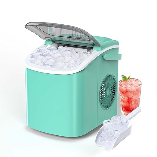 Ice Makers Countertop, Portable Ice Maker Machine with Carry Handle, 26Lbs/24H, Ice Machine Self-Cleaning with Basket and Scoop for Home Kitchen Party,Green