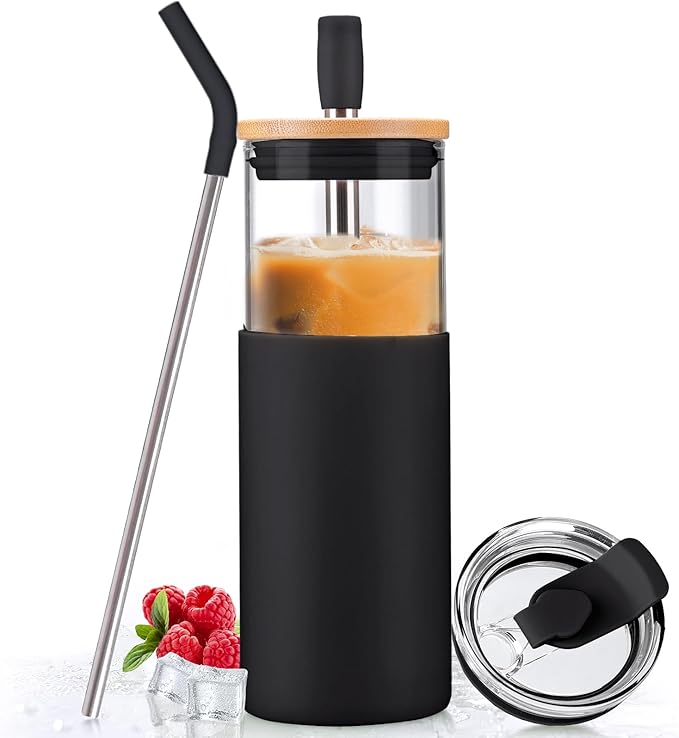 Kodrine 24oz Glass Tumbler with Lids and Straws|Bamboo & On the go Lid|Reusable Ice Coffee Cup with Silicone Sleeve, Glass Coffee Tumbler for Smoothie/Matcha, Dishwasher & BPA Free-Black