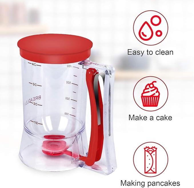 900ML Batter Dispenser，Pancake and Cupcake Separator with Measuring Label and Capacity, Squeeze Handle, BPA-Free, Leak-Proof