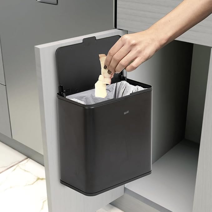 Glad Roomate Under Counter Trash Can - Space Saving Stainless Steel Waste Bin with Dual Lid and Clorox Protection - Small Black Trash Can for Kitchen Cabinet, Under Sink, or Bathroom, 1.5 Gallon (6L)