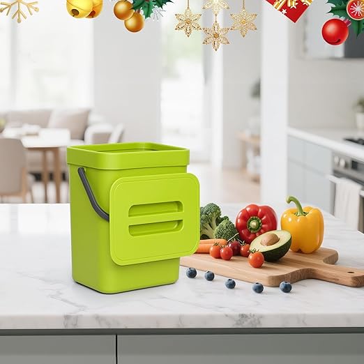 Kitchen Waste Bin with Hooks 5L, Indoor Kitchen Sealed Under Sink for Kitchen, Food Waste Bin for Countertop (Green)