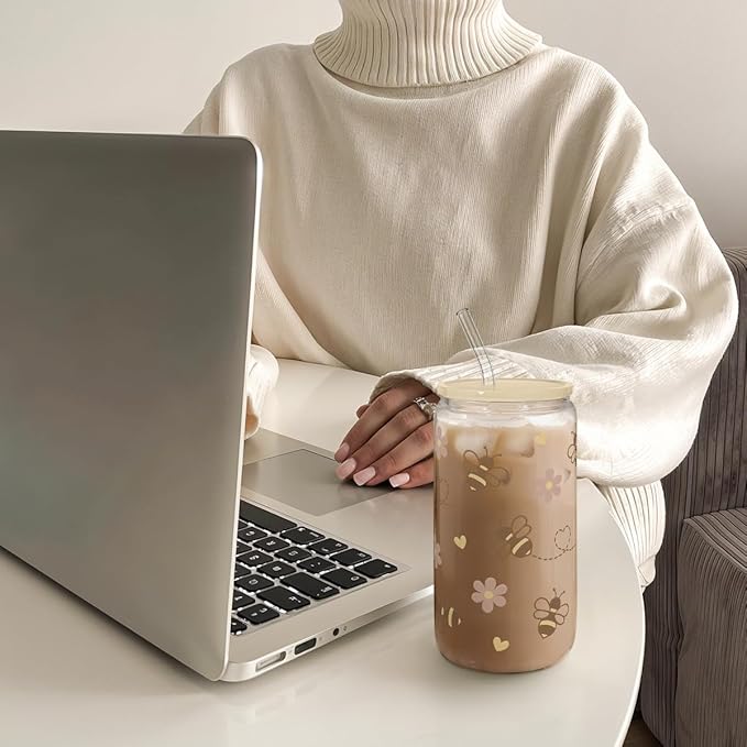 SANDJEST Bee 16oz Can Glass Tumbler with Acrylic Lid & Straw - Iced Coffee Cup for Women Girls, Aesthetic Cups Gifts for Birthday Christmas
