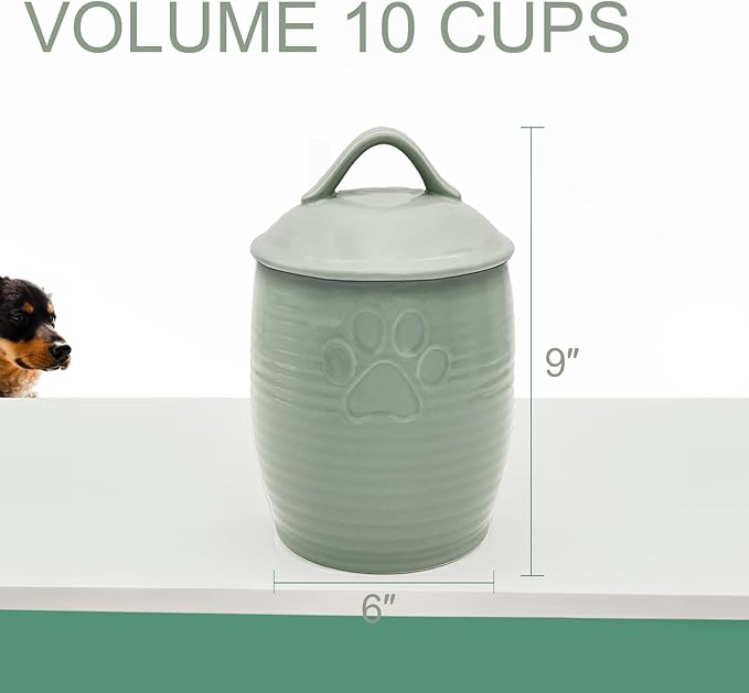Large Dog Treat Container Airtight, Cute Dog Treat Jar with Lids,Rustic Dog Treat Storage Container, Ceramic Cat Food Jars for Kitchen Counter, Green