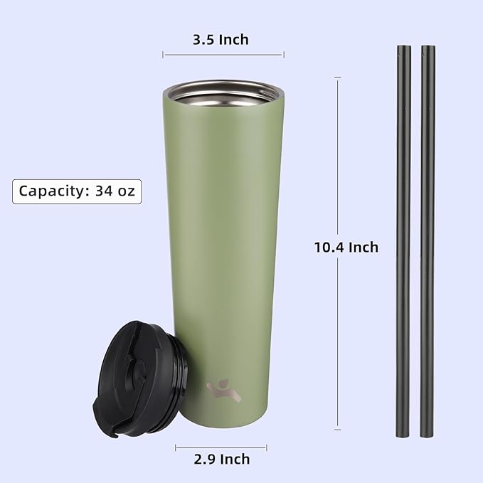 Konokyo 34 OZ Insulated Tumbler with Lid and 2 Straws Stainless Steel Water Bottle Vacuum Travel Mug Coffee Cup,ArmyGreen