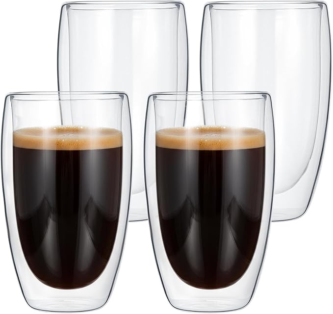 4 Pcs Double Wall Glass Coffee Mugs, Clear Insulated Latte Cups Large Glass Coffee Cups for Hot Beverages Espresso Tea Milk Cappuccino Latte
