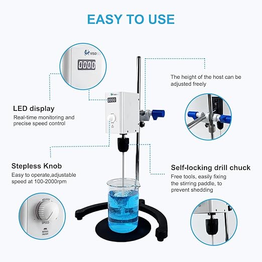 Digital Lab Overhead Stirrer,Speed 100-2000rpm,Max.Torque 20N·cm,Max.Viscosity 10000mpas,10L(H₂O), Lab Mixer with Overload Protection, Overhead Mixer with Support Stand&PTFE Stirring Rod,110-220V