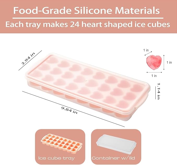 2 Pack Heart-Shaped Ice Cube Trays with lid and bin - 48 Holes Silicone Mini Heart Ice Cube Tray, BPA Free and Dishwasher Safe, Heart Shape Ice Cube Mold, Easy to Remove (2 pink with Lids & Bins)