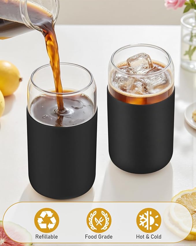 sungwoo Glass Cups with Lids and Straws, 4 Pack 16OZ Iced Coffee Cups with Silicone Sleeve, Glass Tumbler with Straw and Bamboo Lid, Home Essential Drinking Set for Juice, Cocktail and Latte Black