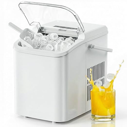 NEWBULIG Ice Makers Countertop with Handle, Portable Ice Machine, 9 Bullet Ice Cubes in 6 Mins, 26lbs in 24Hrs, Auto-Cleaning, with Basket and Scoop, for Home, Kitchen, RV, Camping,White