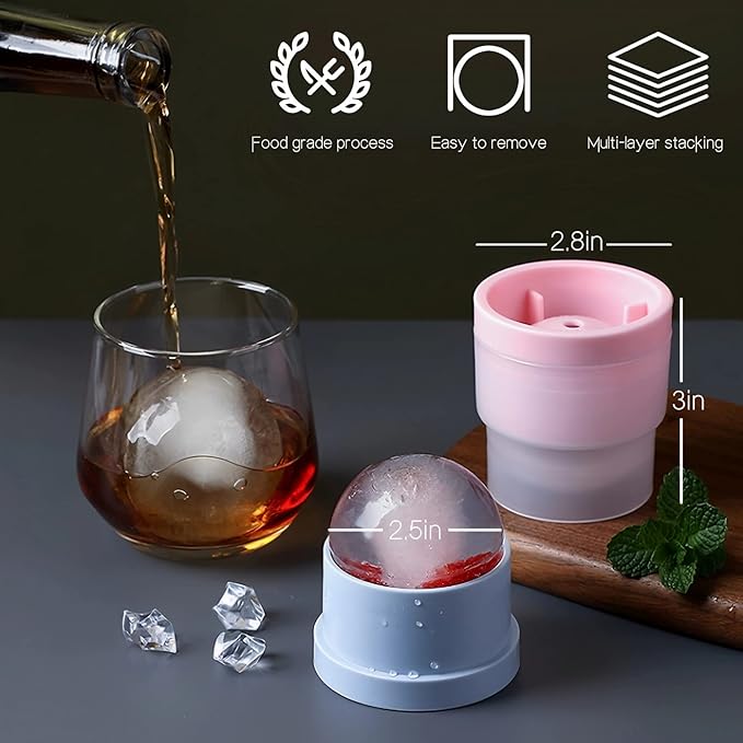 Ice Ball Maker, Set of 4 2.5 Inch Ice Spheres Mold,Round Ball ice Cube Mold for Whiskey Cocktails Juice Beverages Bourbon,Old Fashioned Clear Ice Cube Mold Silicone Freezer Press(White,Blue&Pink)